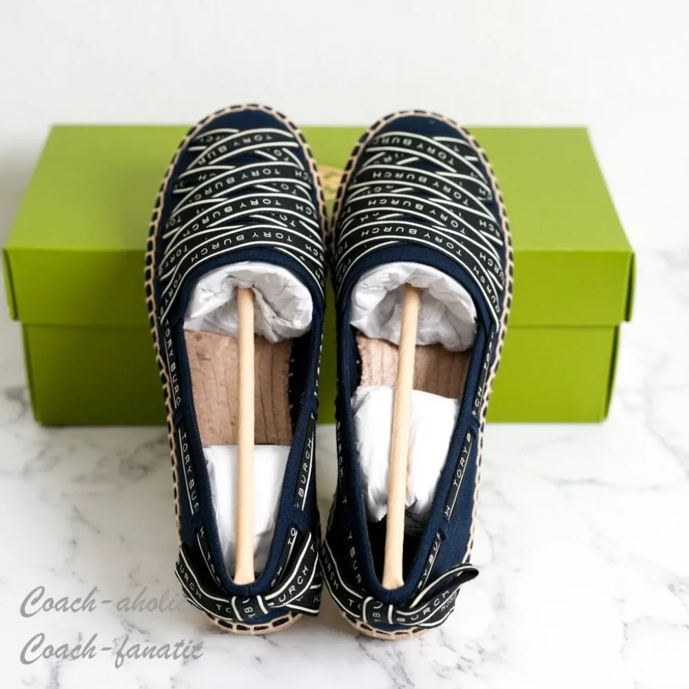 NIB Tory Burch Ribbon Canvas Espadrille Flats in Perfect Navy Size 7.5
